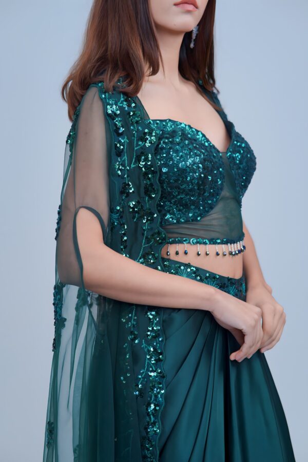 Stunning Bottle Green Indo Western Skirt Set with Sleek Sequin Cape