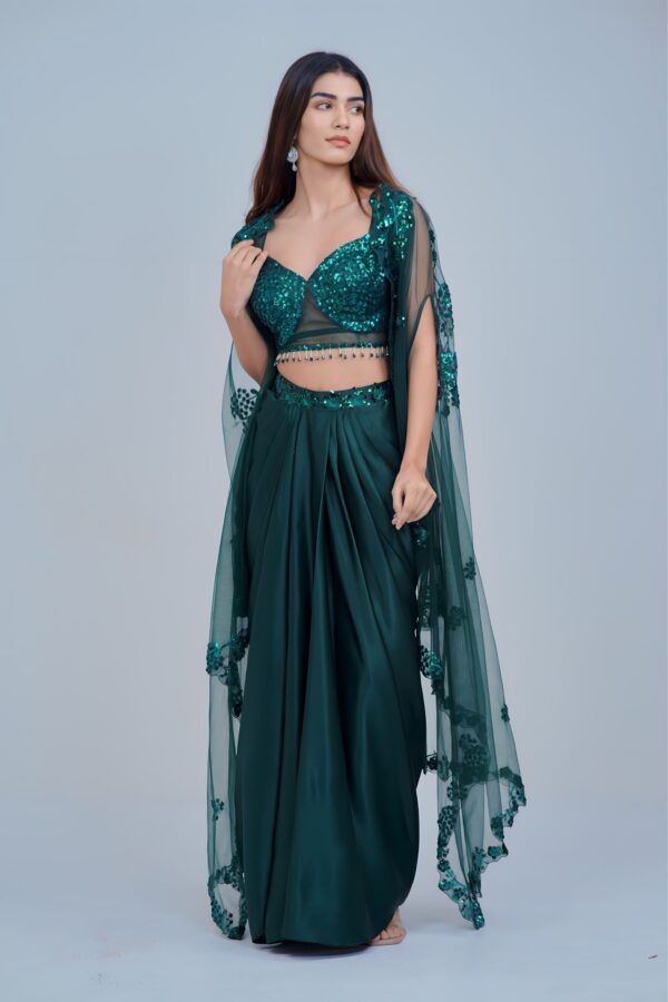 Stunning Bottle Green Indo Western Skirt Set with Sleek Sequin Cape