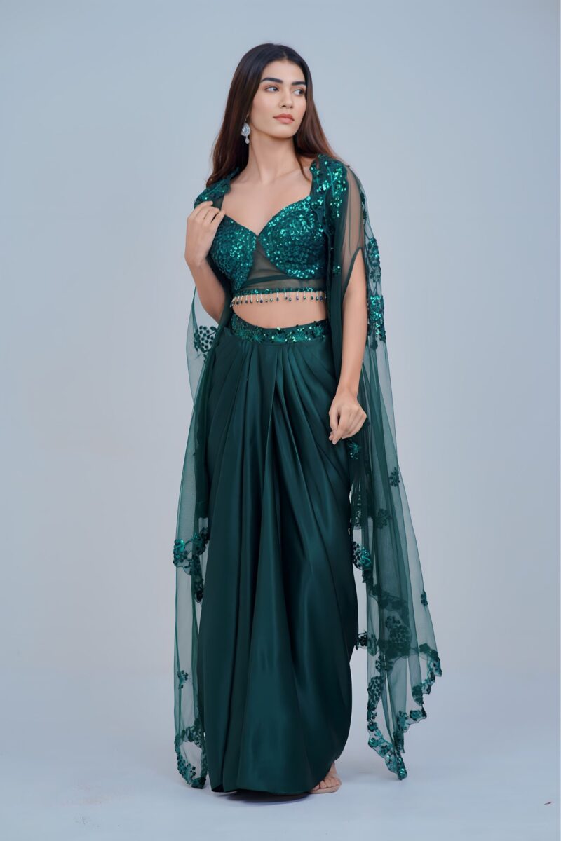Stunning Bottle Green Indo Western Skirt Set with Sleek Sequin Cape