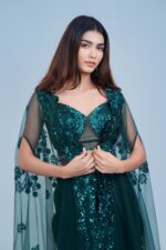 Stunning Bottle Green Indo Western Skirt Set with Sleek Sequin Cape