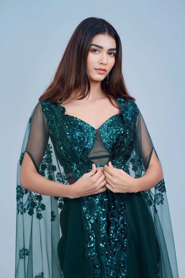 Stunning Bottle Green Indo Western Skirt Set with Sleek Sequin Cape