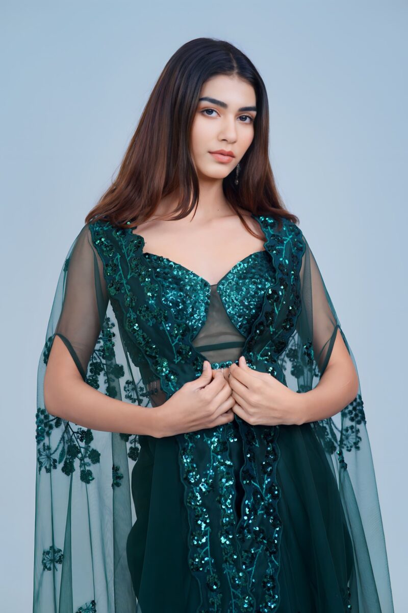 Stunning Bottle Green Indo Western Skirt Set with Sleek Sequin Cape