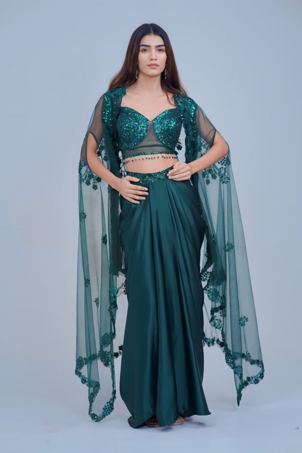 Stunning Bottle Green Indo Western Skirt Set with Sleek Sequin Cape