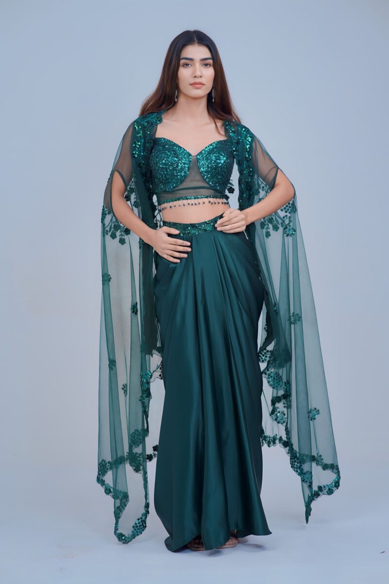 Stunning Bottle Green Indo Western Skirt Set with Sleek Sequin Cape