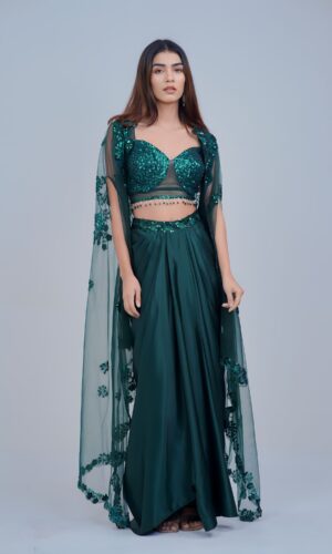 Stunning Bottle Green Indo Western Skirt Set with Sleek Sequin Cape