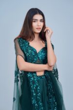 Stunning Bottle Green Indo Western Skirt Set with Sleek Sequin Cape