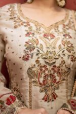 Cream Pakistani Long Plazo Suit with Digital Prints and Golden Highlites