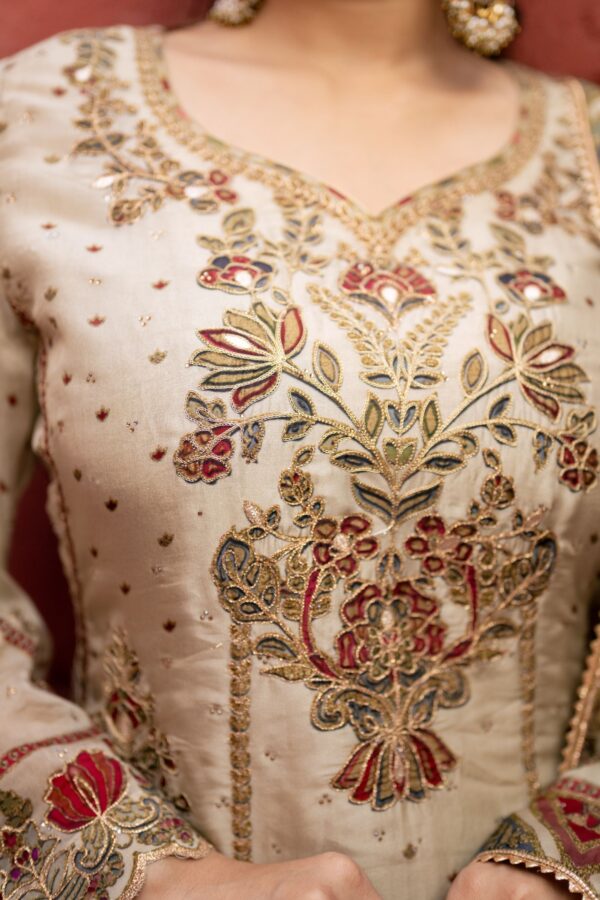 Cream Pakistani Long Plazo Suit with Digital Prints and Golden Highlites