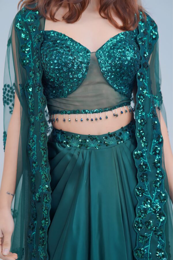 Stunning Bottle Green Indo Western Skirt Set with Sleek Sequin Cape