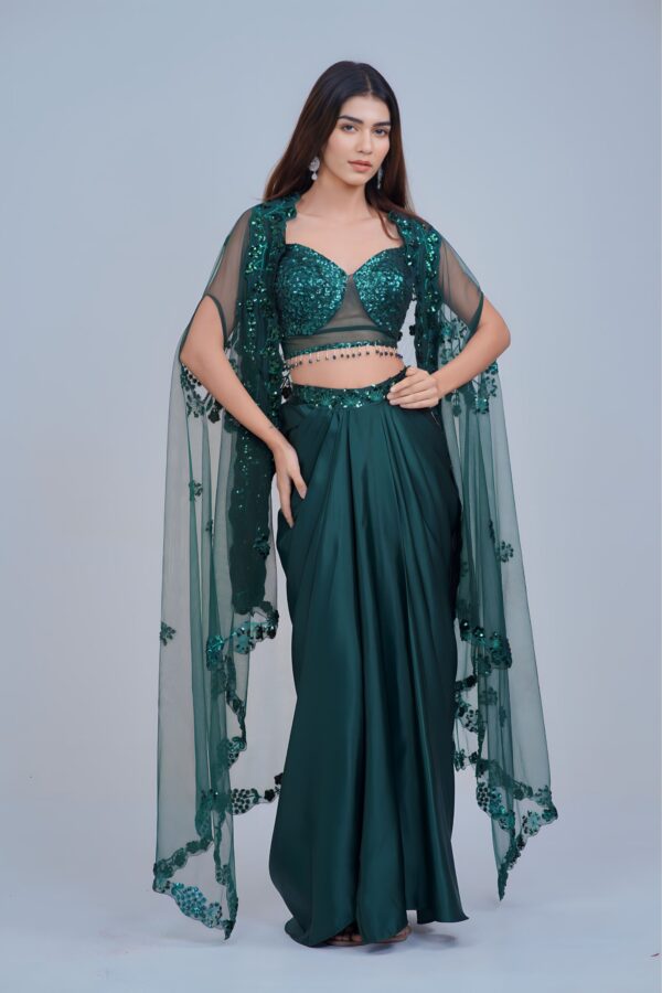 Stunning Bottle Green Indo Western Skirt Set with Sleek Sequin Cape