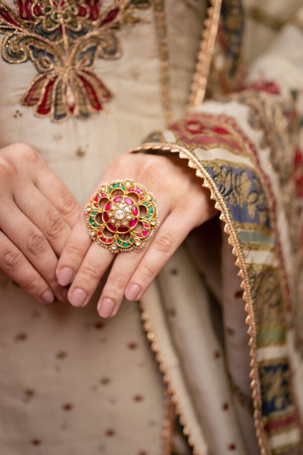 Cream Pakistani Long Plazo Suit with Digital Prints and Golden Highlites