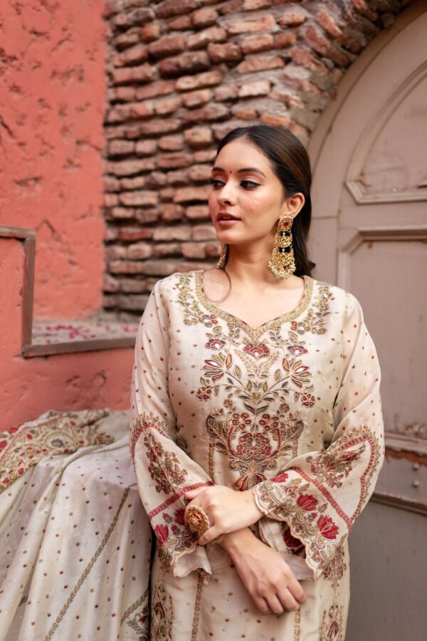 Cream Pakistani Long Plazo Suit with Digital Prints and Golden Highlites