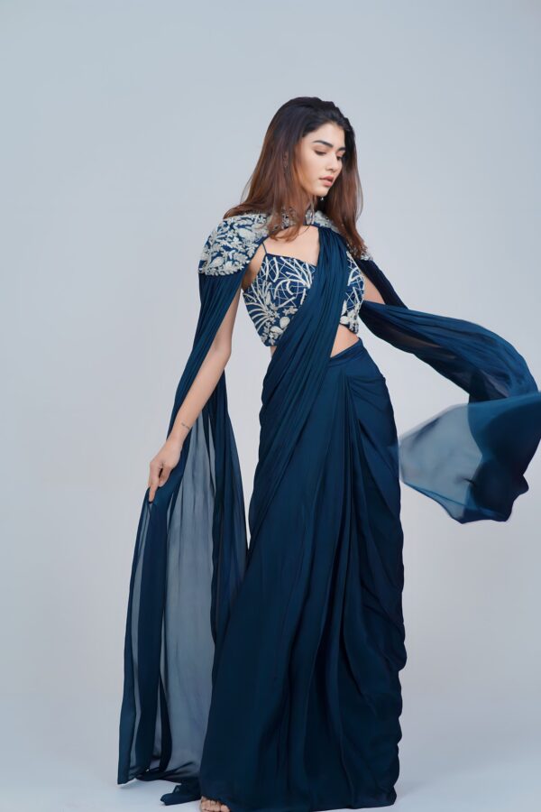 Midnight Blue Draped IndoWestern with Embroidered Cape