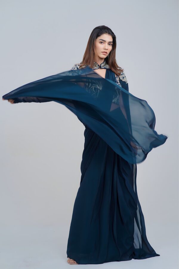 Midnight Blue Draped IndoWestern with Embroidered Cape