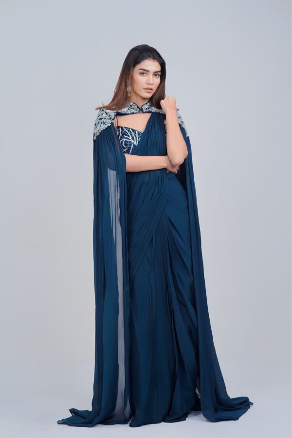 Midnight Blue Draped IndoWestern with Embroidered Cape