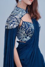 Midnight Blue Draped IndoWestern with Embroidered Cape