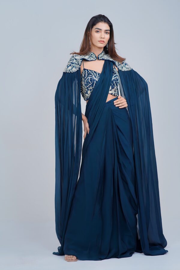 Midnight Blue Draped IndoWestern with Embroidered Cape