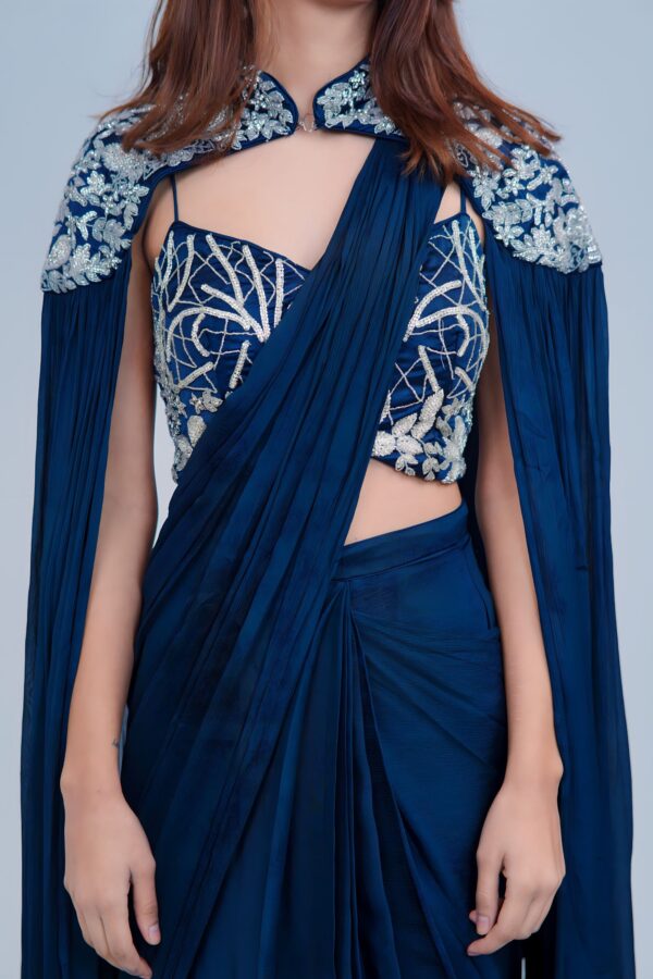 Midnight Blue Draped IndoWestern with Embroidered Cape