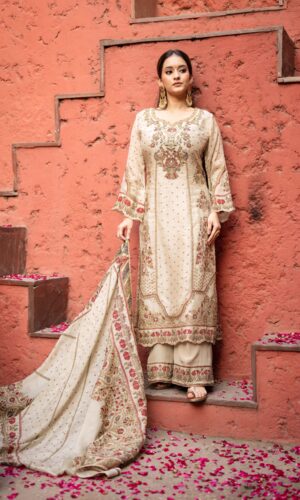 Cream Pakistani Long Plazo Suit with Digital Prints and Golden Highlites