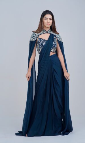 Midnight Blue Draped IndoWestern with Embroidered Cape