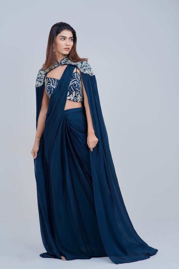 Midnight Blue Draped IndoWestern with Embroidered Cape