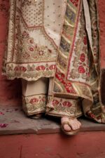 Cream Pakistani Long Plazo Suit with Digital Prints and Golden Highlites