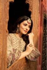 Elegant Cream Beige Pakistani Suit with Sleek Digital Prints Golden Highlights & Odhani  Dupatta