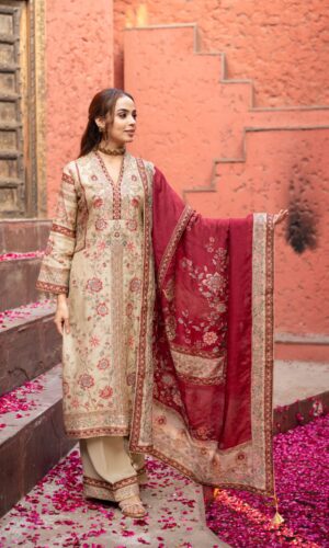 Cream Pakistani Digital Printed Suit With Touch of  Contrast