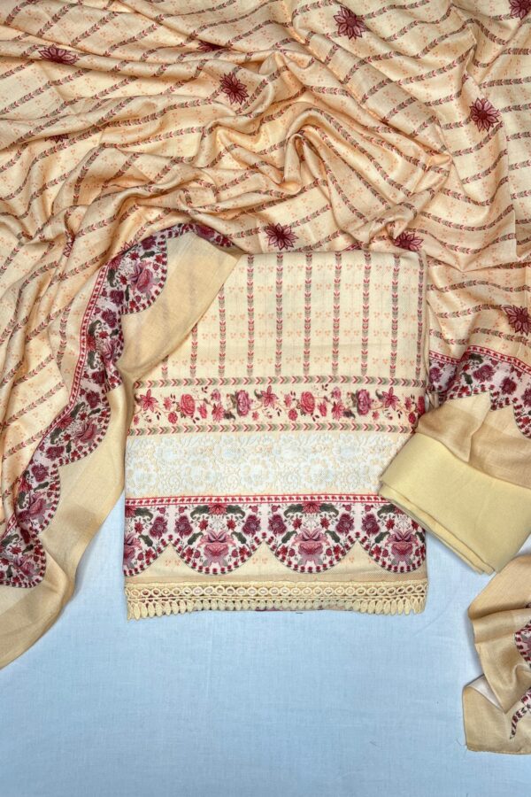 Light Yellow Unstitched Floral Prints Warm Suit