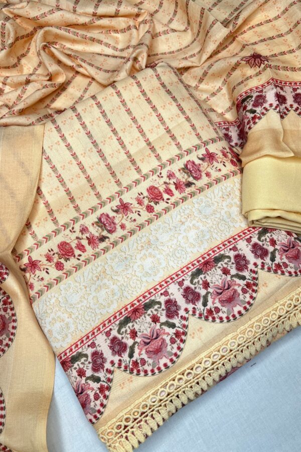 Light Yellow Unstitched Floral Prints Warm Suit