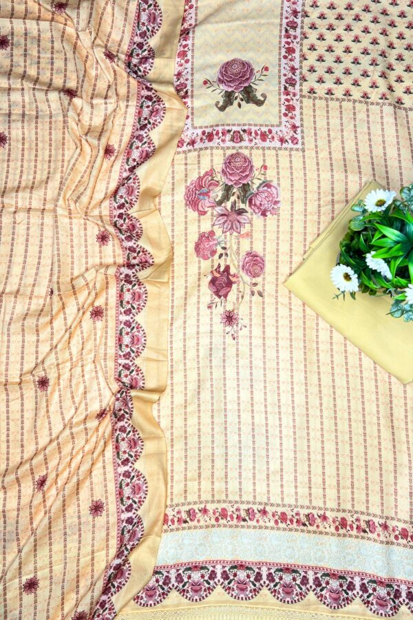 Light Yellow Unstitched Floral Prints Warm Suit