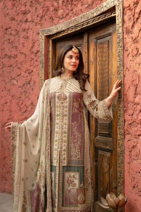 Elegant Cream Beige Pakistani Suit with Sleek Digital Prints Golden Highlights & Odhani  Dupatta