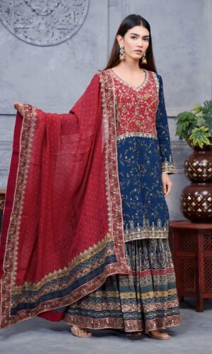 Dark Blue Digital Printed Pakistani Suit With Red Contrast And Flared Garara
