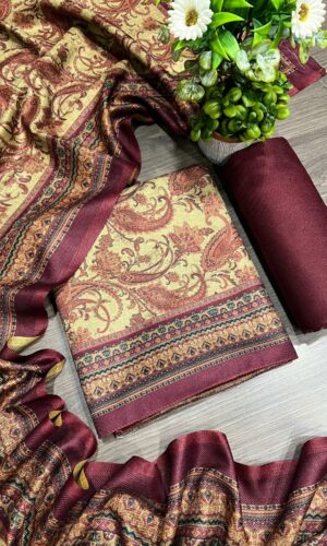 Elegant Floral Print Unstitched Warm Suit