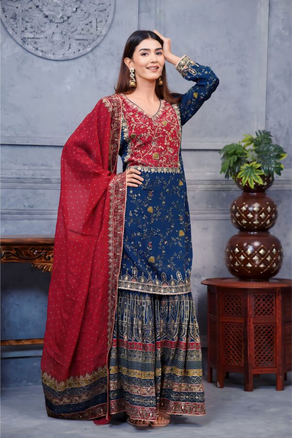 Dark Blue Digital Printed Pakistani Suit With Red Contrast And Flared Garara