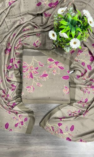 Elegant Olive Green Floral Printed Winter Pashmina Unstitched Suit