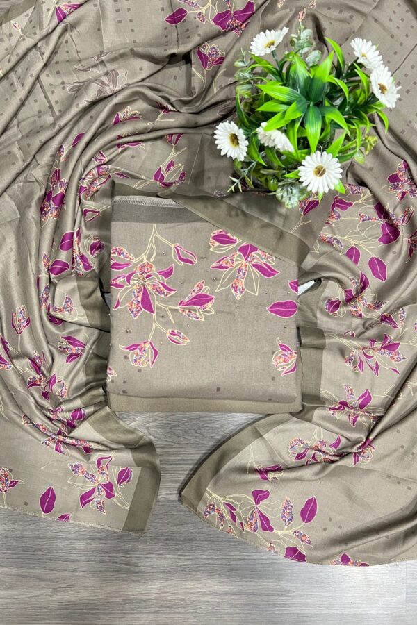 Elegant Olive Green Floral Printed Winter Pashmina Unstitched Suit