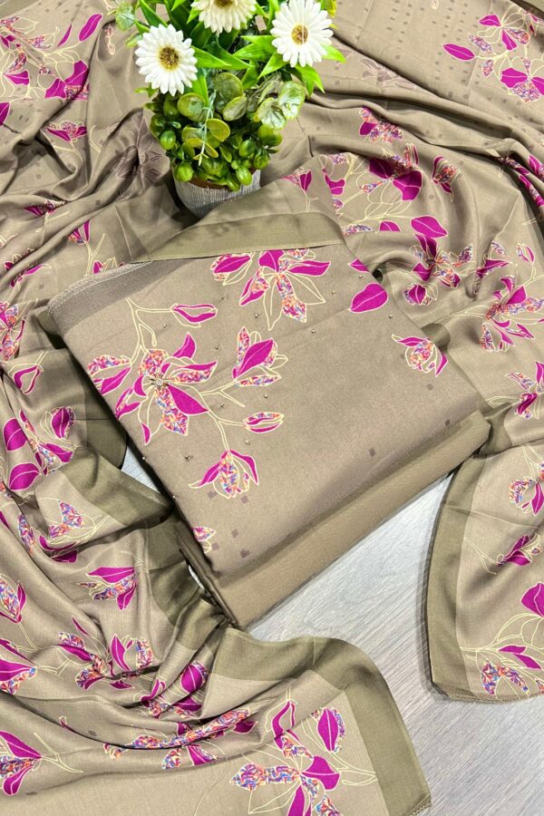 Elegant Olive Green Floral Printed Winter Pashmina Unstitched Suit