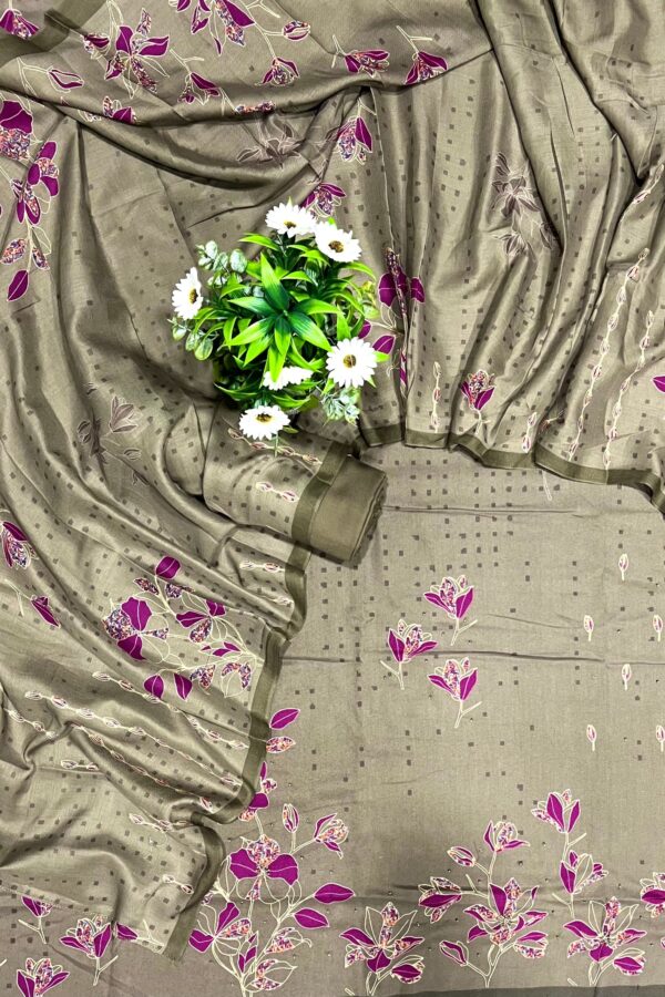 Elegant Olive Green Floral Printed Winter Pashmina Unstitched Suit
