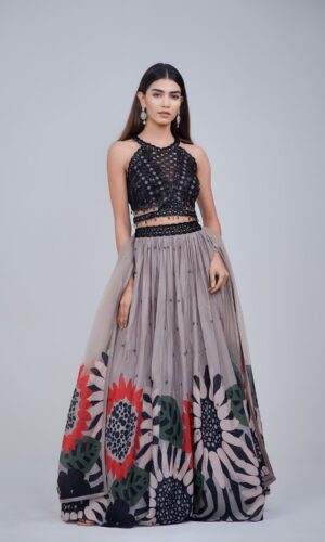 Ethereal Black and Grey Embroidered Floral Lehenga Set