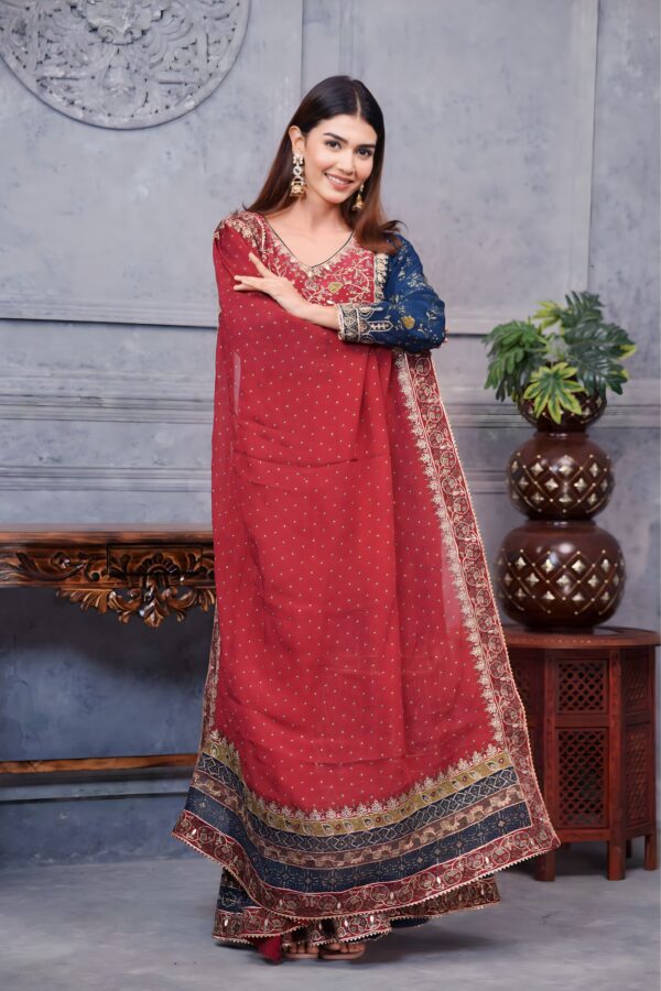 Dark Blue Digital Printed Pakistani Suit With Red Contrast And Flared Garara