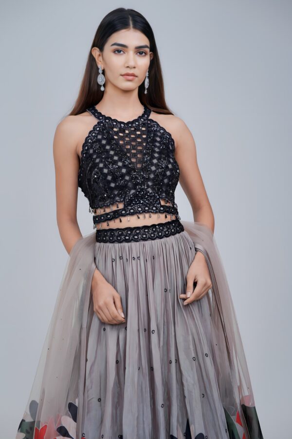 Ethereal Black and Grey Embroidered Floral Lehenga Set