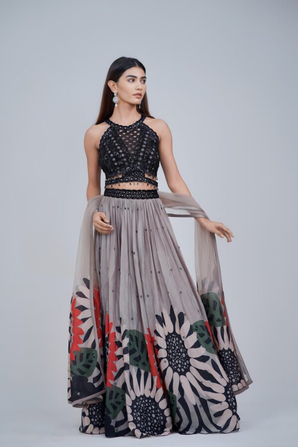 Ethereal Black and Grey Embroidered Floral Lehenga Set