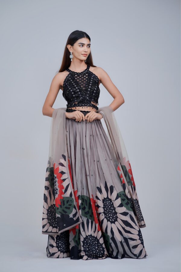 Ethereal Black and Grey Embroidered Floral Lehenga Set