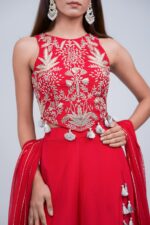 Fiery Red Embroidered Palazzo Set with Tassel Details