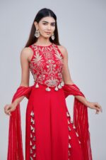 Fiery Red Embroidered Palazzo Set with Tassel Details