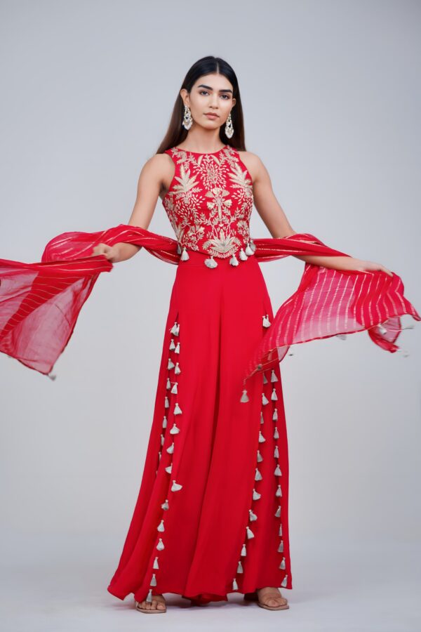 Fiery Red Embroidered Palazzo Set with Tassel Details