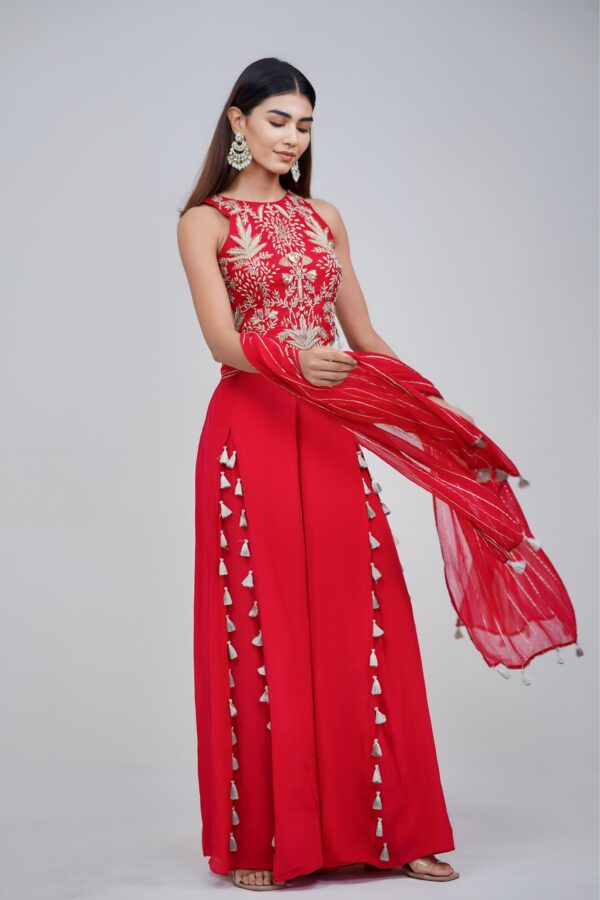 Fiery Red Embroidered Palazzo Set with Tassel Details