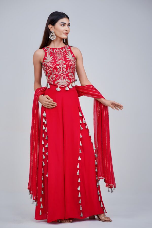 Fiery Red Embroidered Palazzo Set with Tassel Details