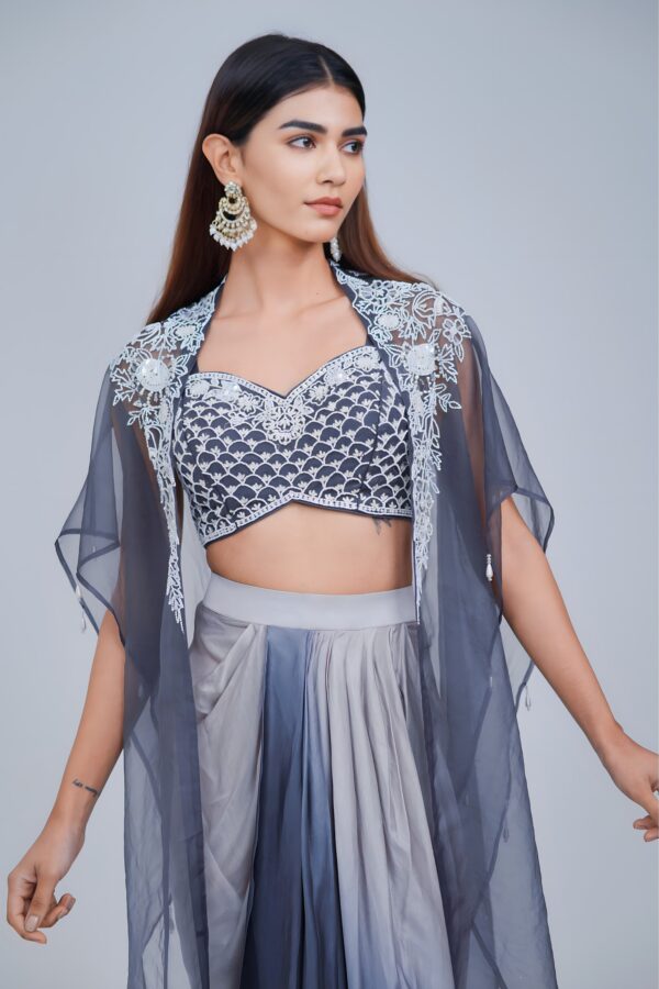 Midnight Ombre Draped Saree Set with Embroidered Cape